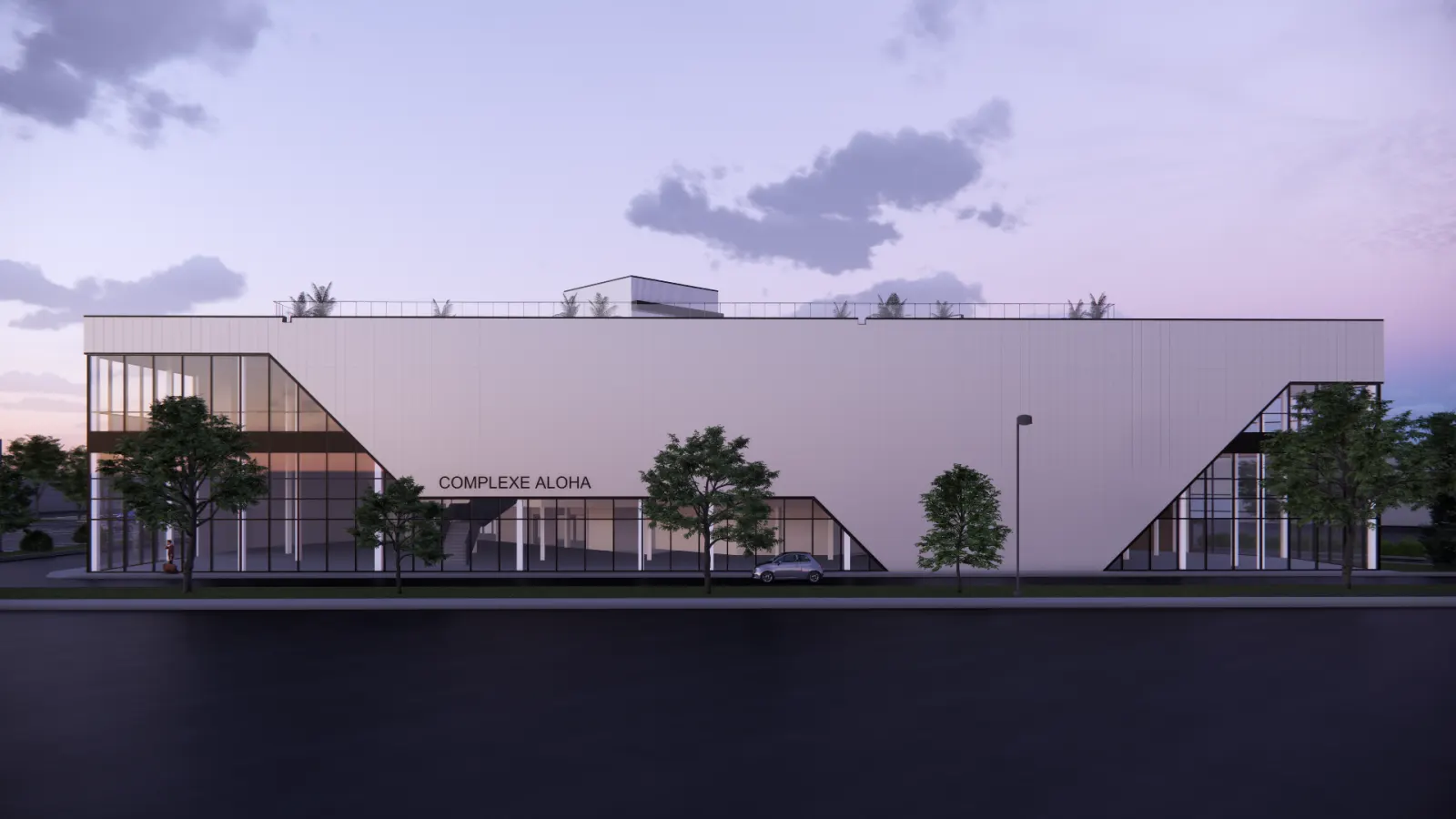 Entrée principale du Complexe Aloha à Québec au crépuscule